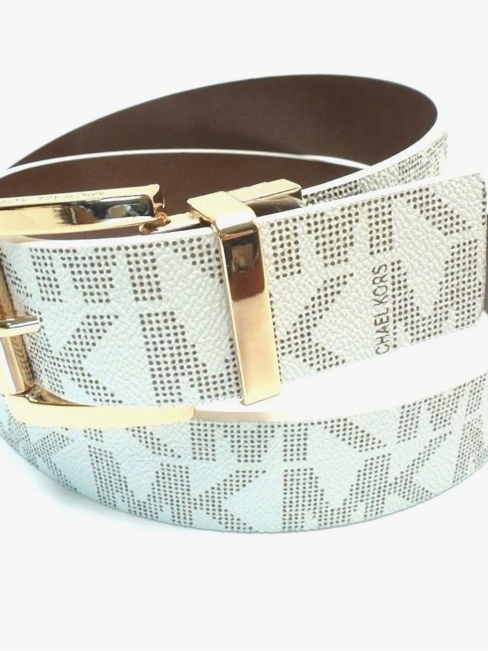 Michael Kors White Monogram Leather Belt with Gold Buckle